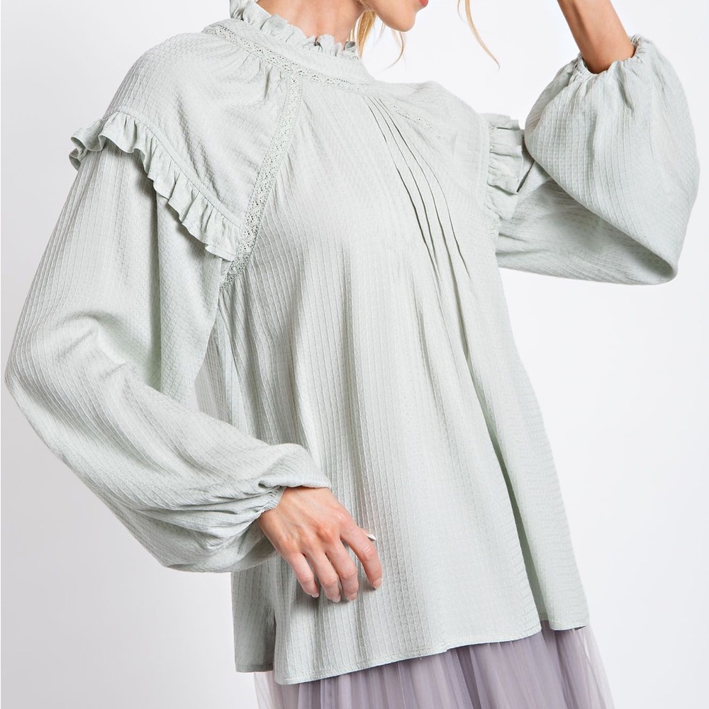 NWT EASEL Bohemian Pale Sage Ruffled Long Sleeve Top S M L - Picture 2 of 4